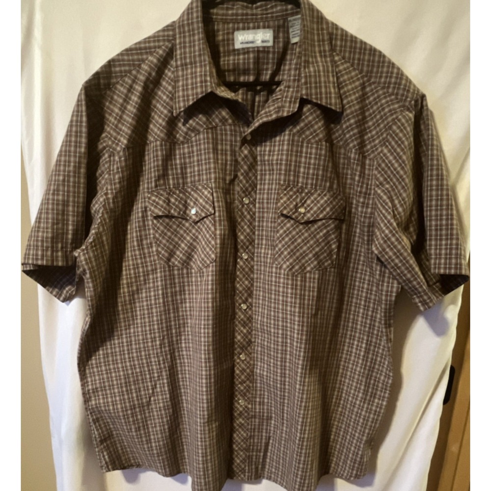 Wrangler Wrancher Men's XXL Short Sleeve Brown/Blue Plaid Button-Up Shirt